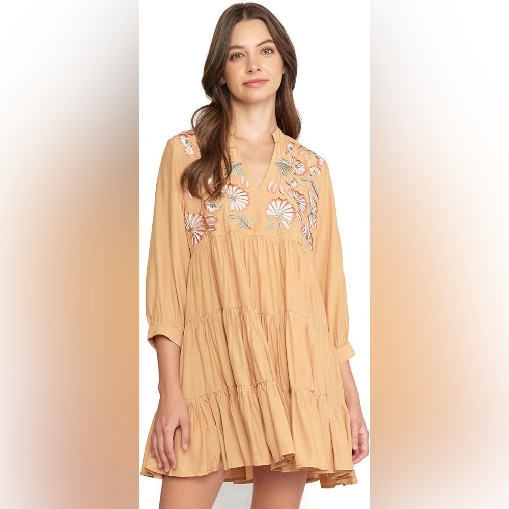 entro Embroidered Tiered Dress – “Butter Rum” Boho